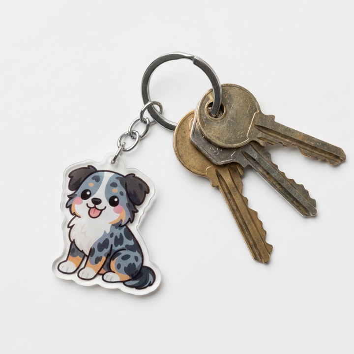 Blue merle Australian Shepherd puppy acrylic keychain attached to a keyring with house keys