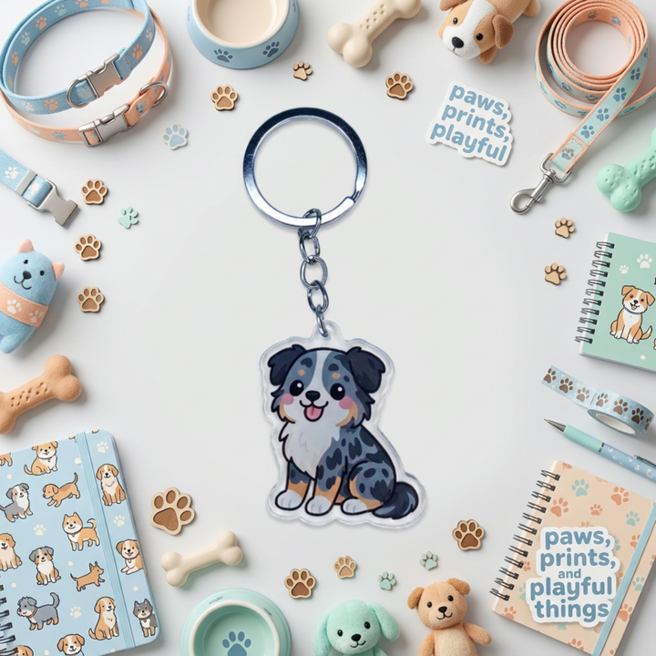 Blue merle Australian Shepherd puppy acrylic keychain in a styled flat-lay with matching dog-themed stationery and accessories