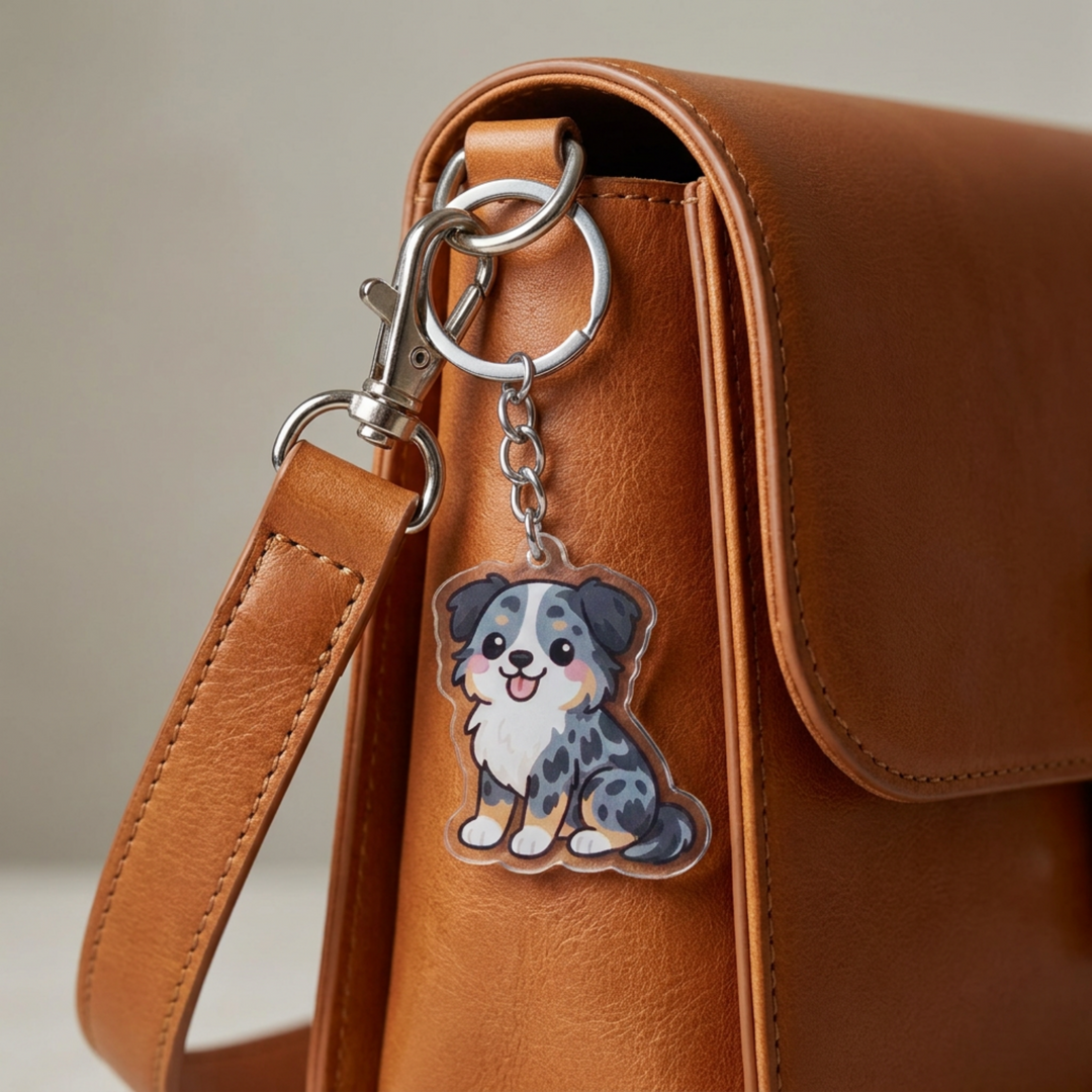 Blue merle Australian Shepherd puppy acrylic keychain clipped to a leather bag strap