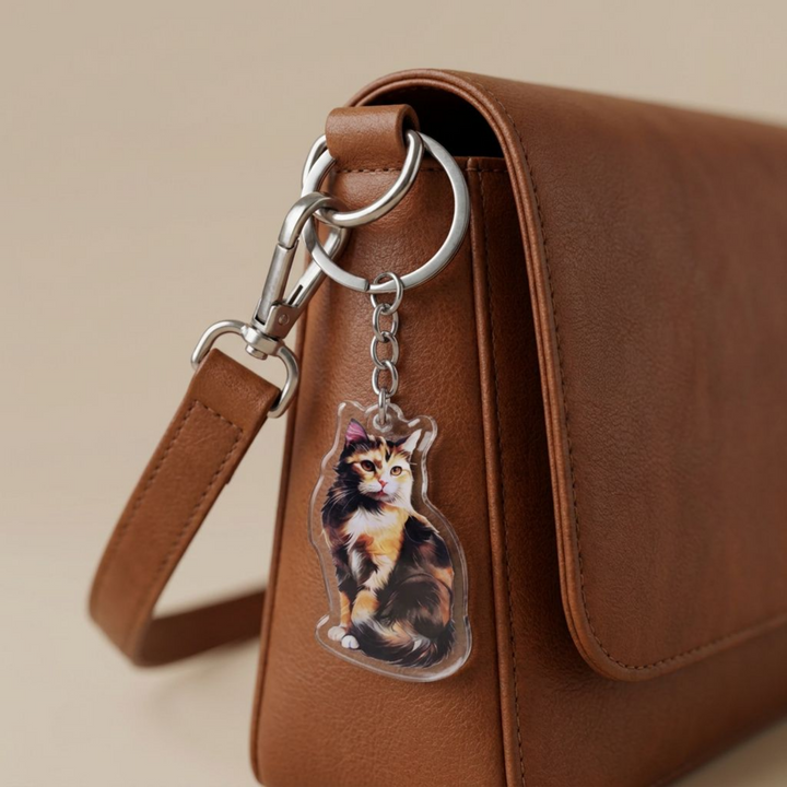Watercolor-style calico cat acrylic keychain clipped to a leather bag strap