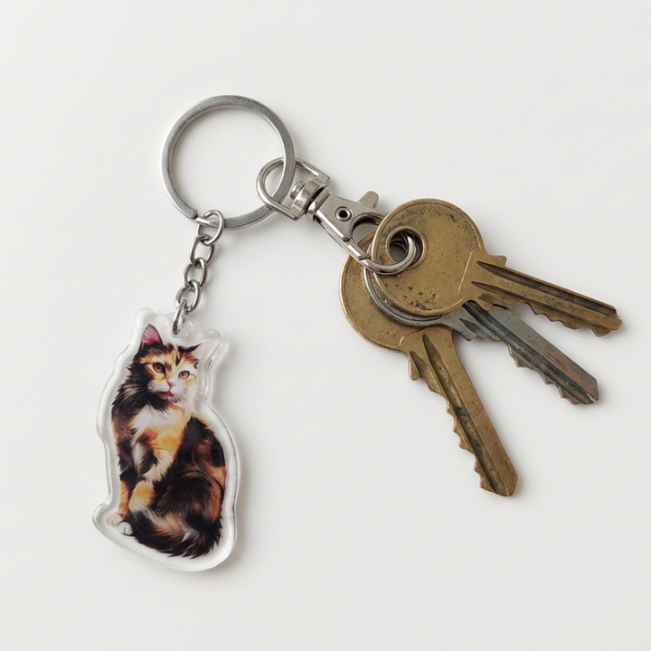 Watercolor-style calico cat acrylic keychain attached to a keyring with house keys