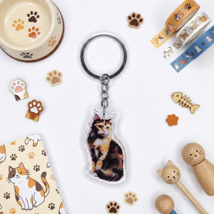 Watercolor-style calico cat acrylic keychain in a styled flat-lay with matching cat-themed stationery and accessories
