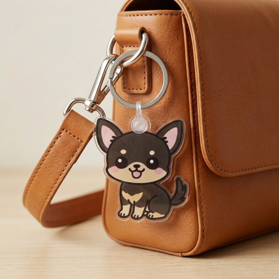 Black and tan Chihuahua acrylic keychain clipped to a leather bag strap