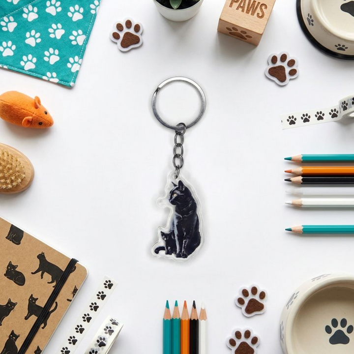 Black cat and kitten acrylic keychain in a styled flat-lay with matching cat-themed stationery and accessories