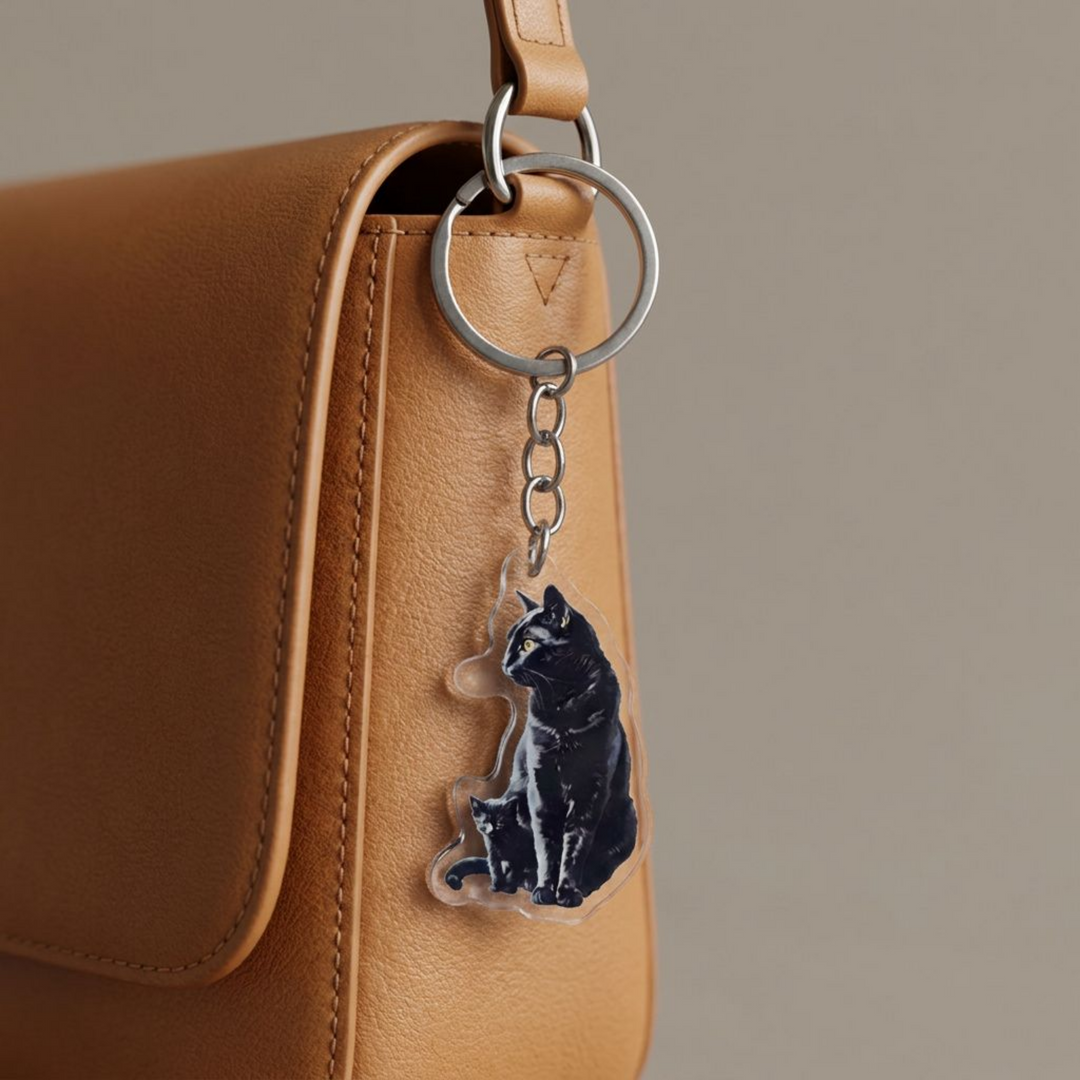 Black cat and kitten acrylic keychain clipped to a leather bag strap