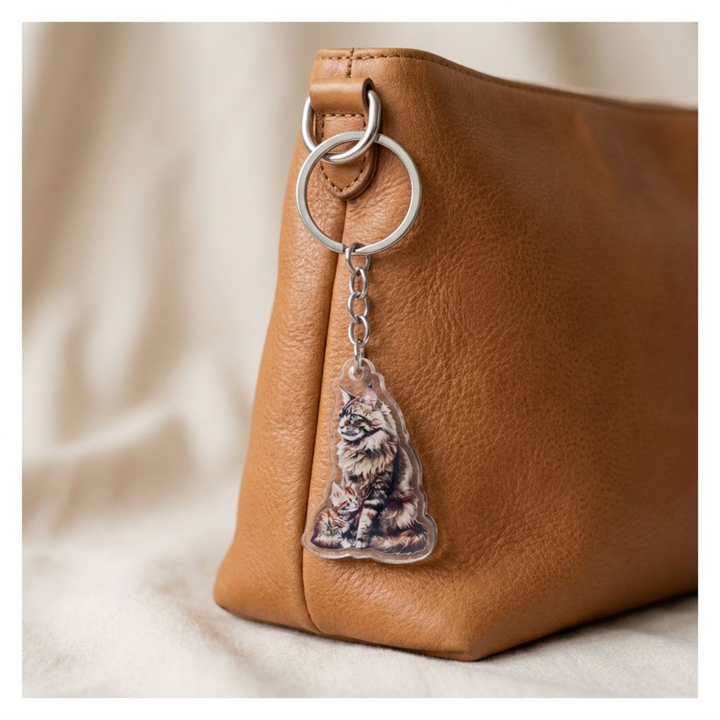 Brown tabby Maine Coon cat and kitten acrylic keychain clipped to a leather bag strap