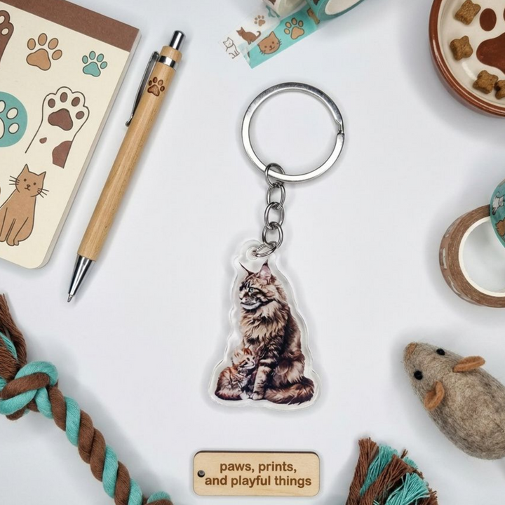 Brown tabby Maine Coon cat and kitten acrylic keychain in a styled flat-lay with matching cat-themed stationery and accessories