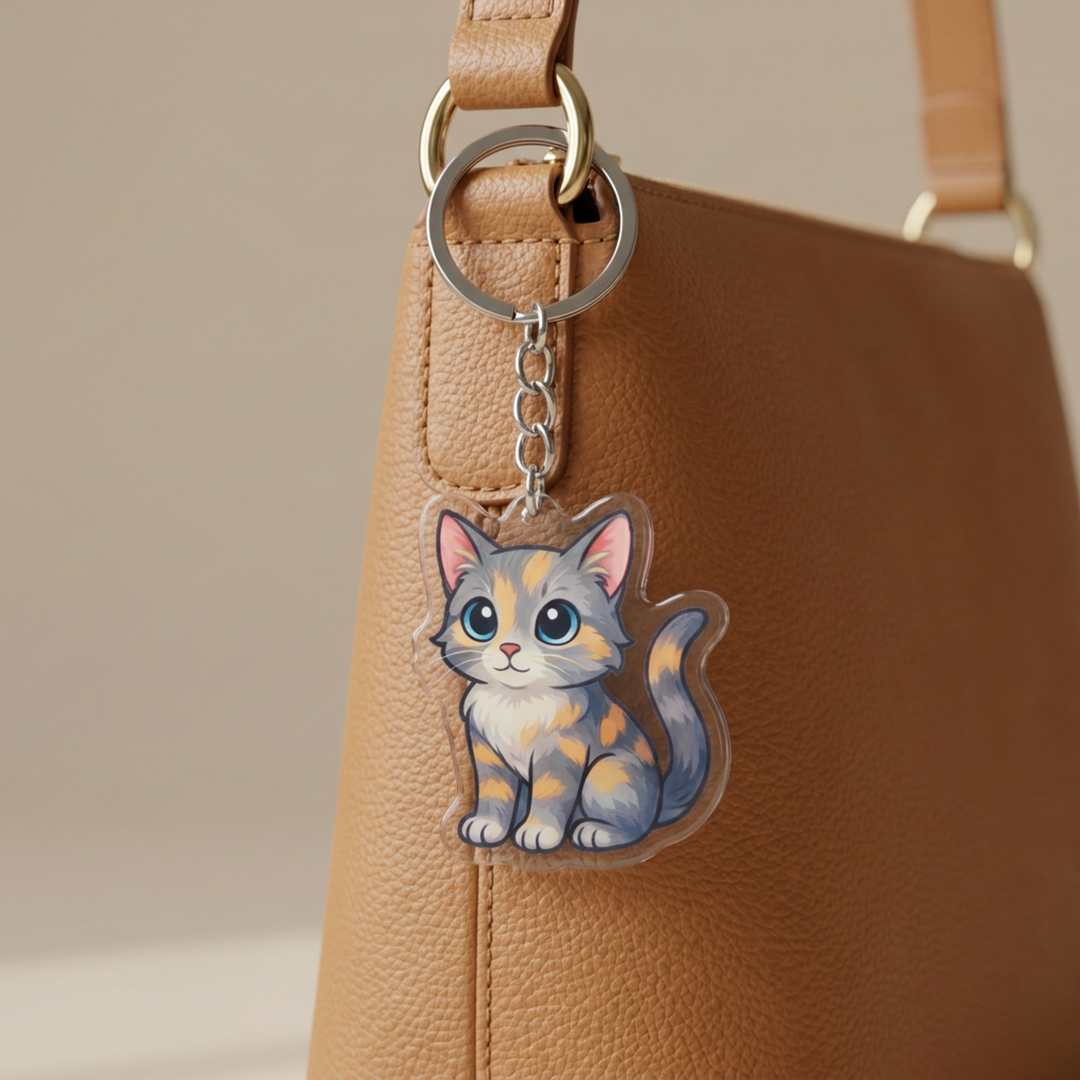 Dilute tortoiseshell cat acrylic keychain clipped to a leather bag strap