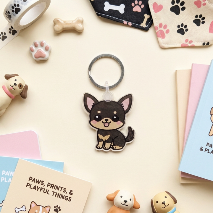 Black and tan Chihuahua acrylic keychain in a styled flat-lay with matching dog-themed stationery and accessories