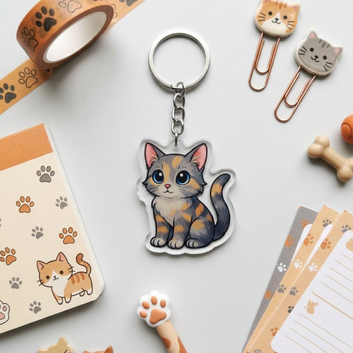 Dilute tortoiseshell cat acrylic keychain in a styled flat-lay with matching cat-themed stationery and accessories