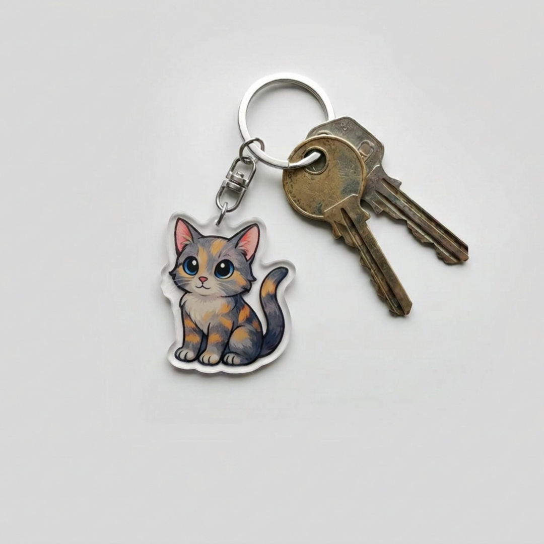 Dilute tortoiseshell cat acrylic keychain attached to a keyring with house keys