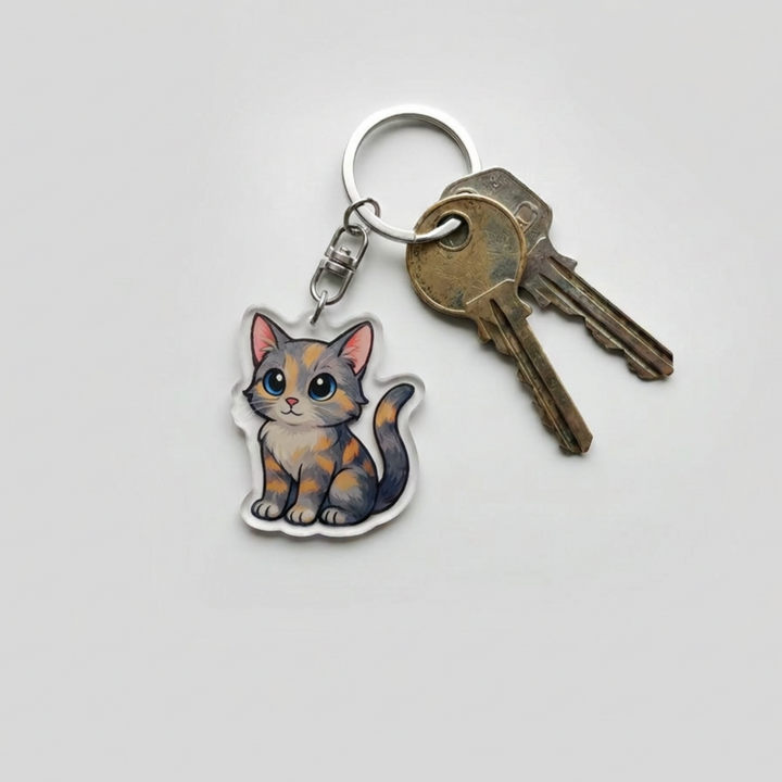 Dilute tortoiseshell cat acrylic keychain attached to a keyring with house keys