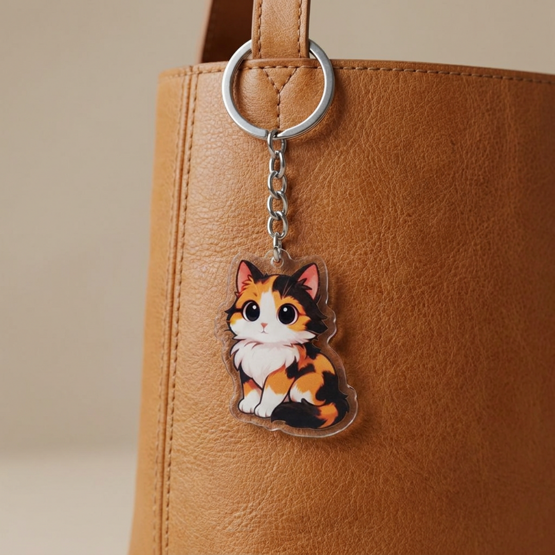 Calico cat acrylic keychain clipped to a leather bag strap