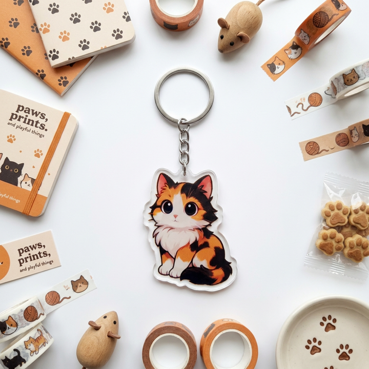 Calico cat acrylic keychain in a styled flat-lay with matching cat-themed stationery and accessories