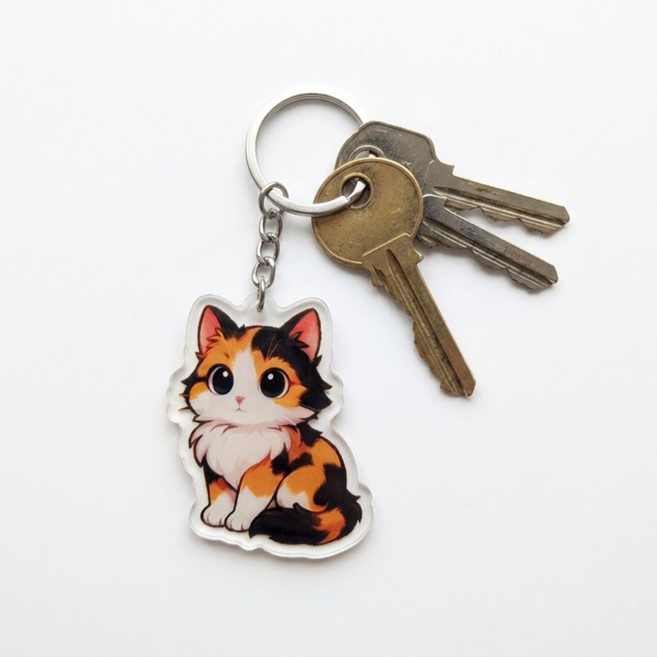Calico cat acrylic keychain attached to a keyring with house keys