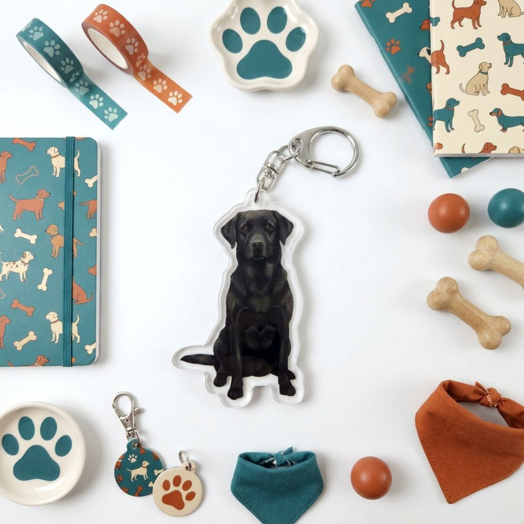 Black Labrador Retriever acrylic keychain in a styled flat-lay with matching dog-themed stationery and accessories