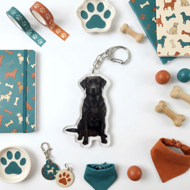 Black Labrador Retriever acrylic keychain in a styled flat-lay with matching dog-themed stationery and accessories