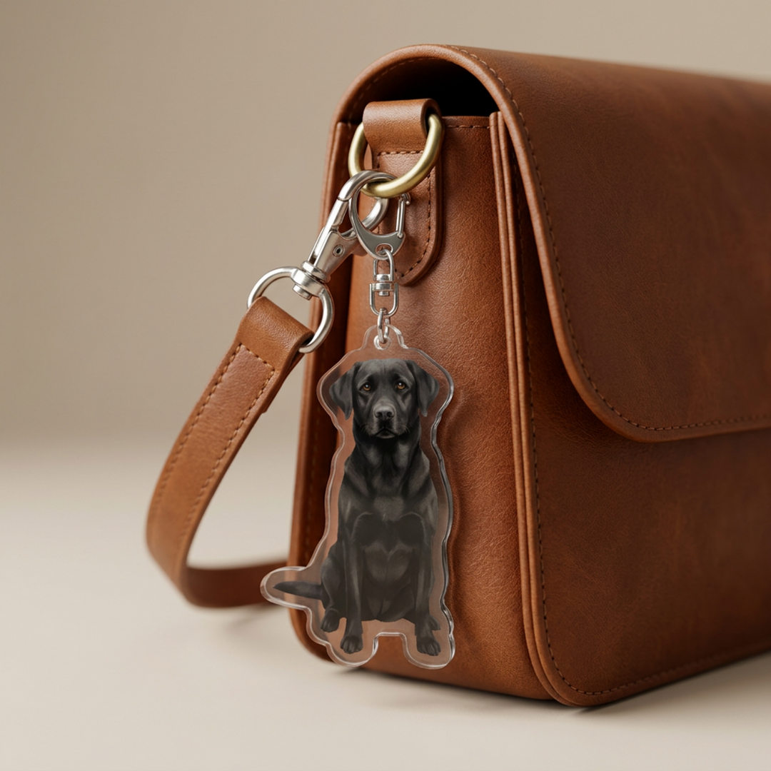 Black Labrador Retriever acrylic keychain clipped to a leather bag strap