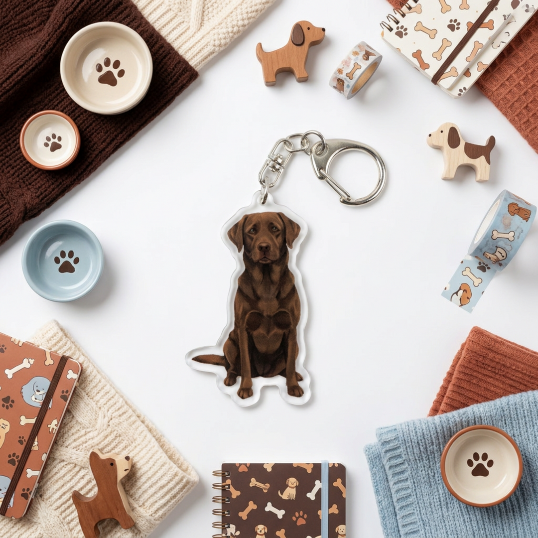Chocolate Labrador Retriever acrylic keychain in a styled flat-lay with matching dog-themed stationery and accessories