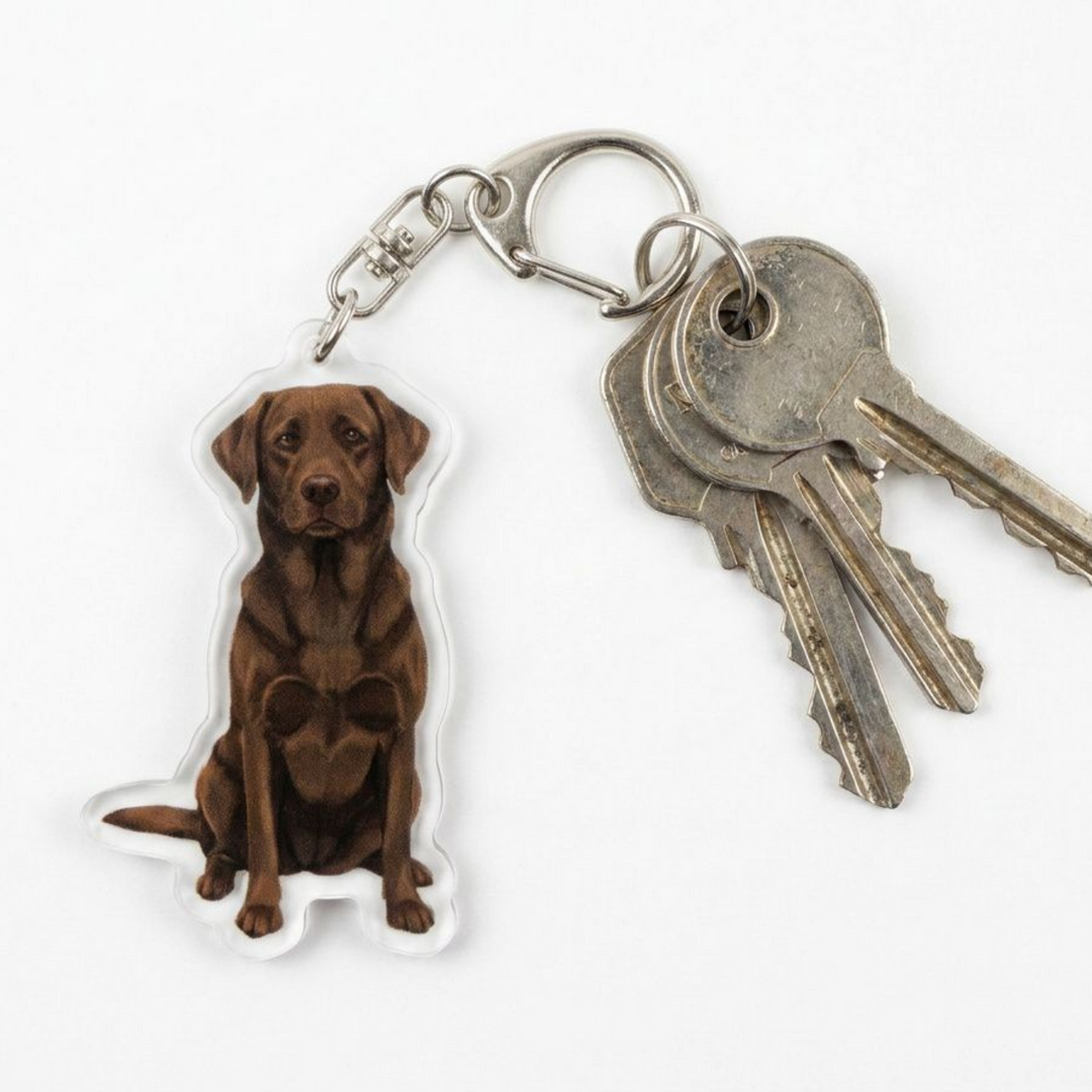 Chocolate Labrador Retriever acrylic keychain attached to a keyring with house keys