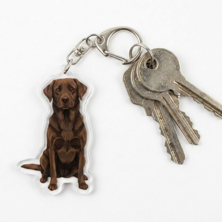 Chocolate Labrador Retriever acrylic keychain attached to a keyring with house keys