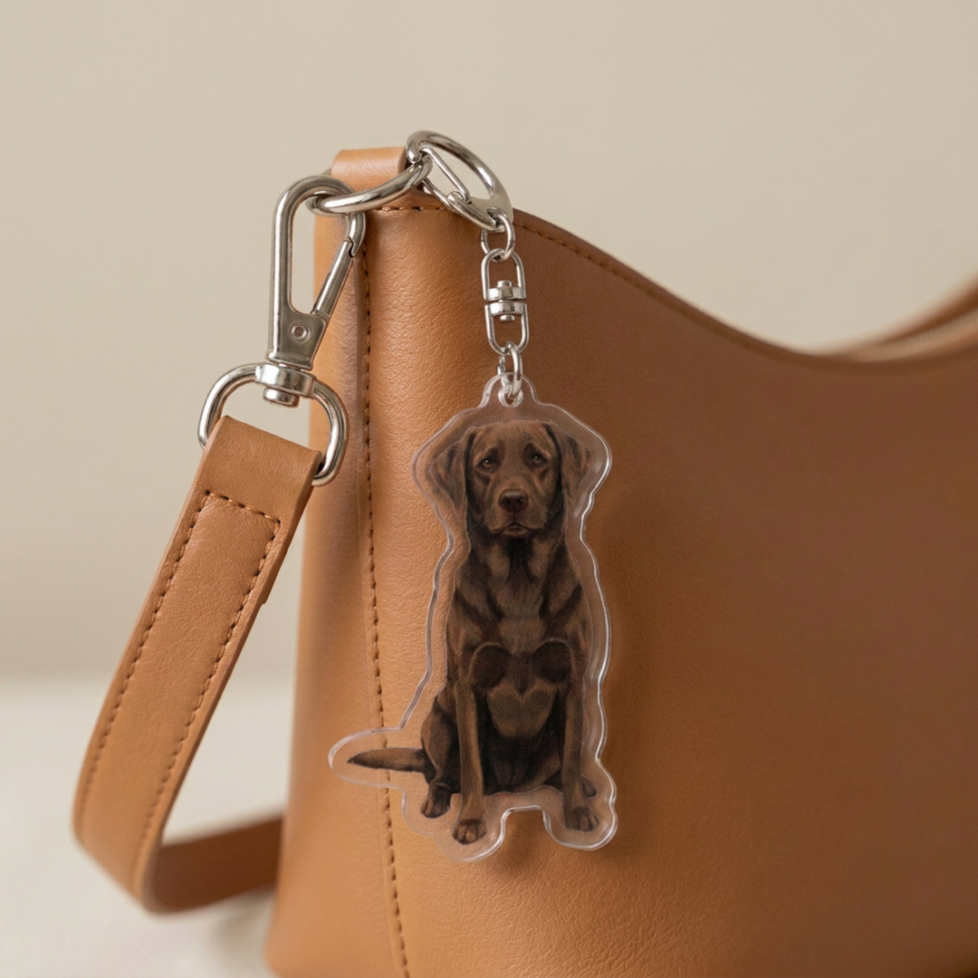 Chocolate Labrador Retriever acrylic keychain clipped to a leather bag strap