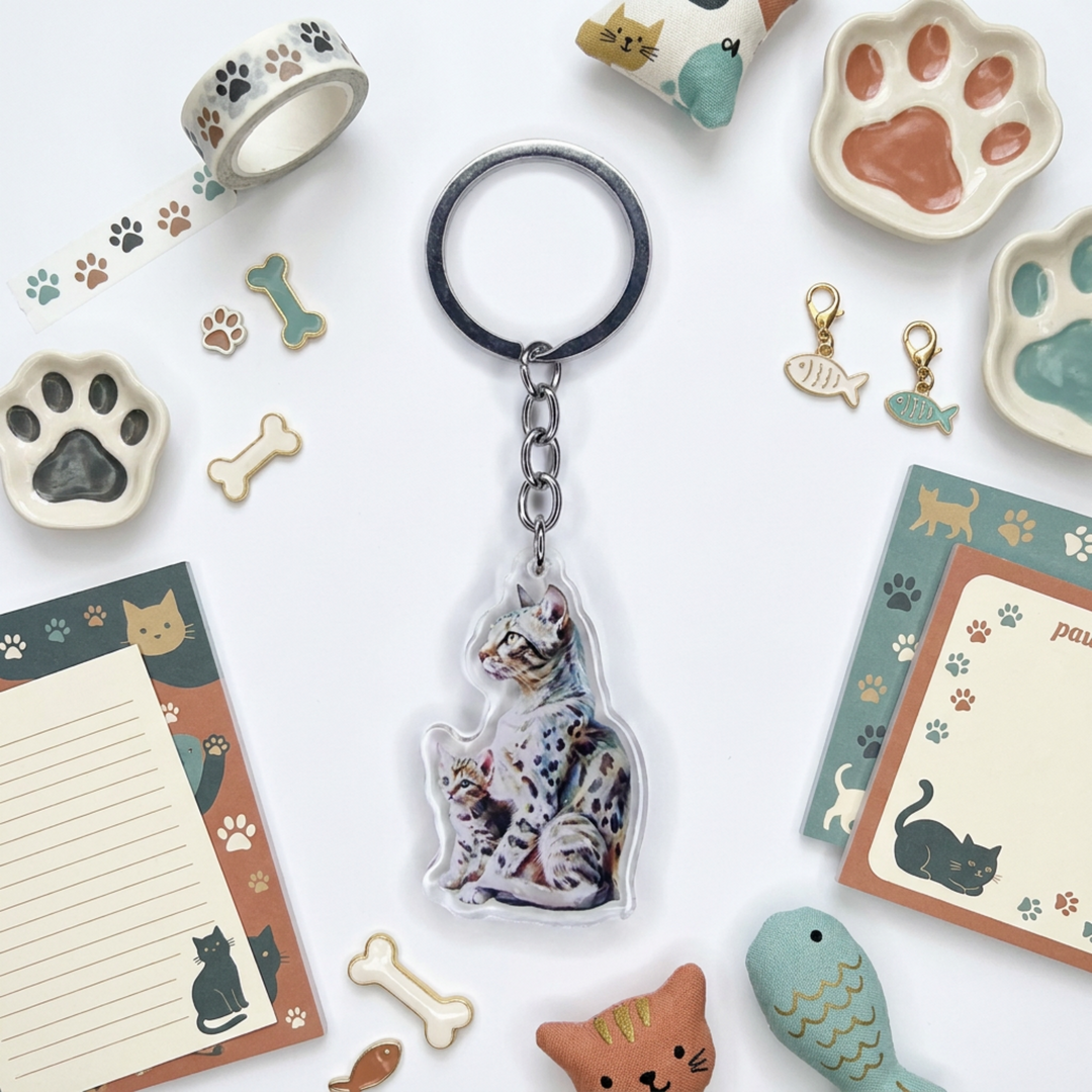 Spotted Egyptian Mau cat and kitten acrylic keychain in a styled flat-lay with matching cat-themed stationery and accessories