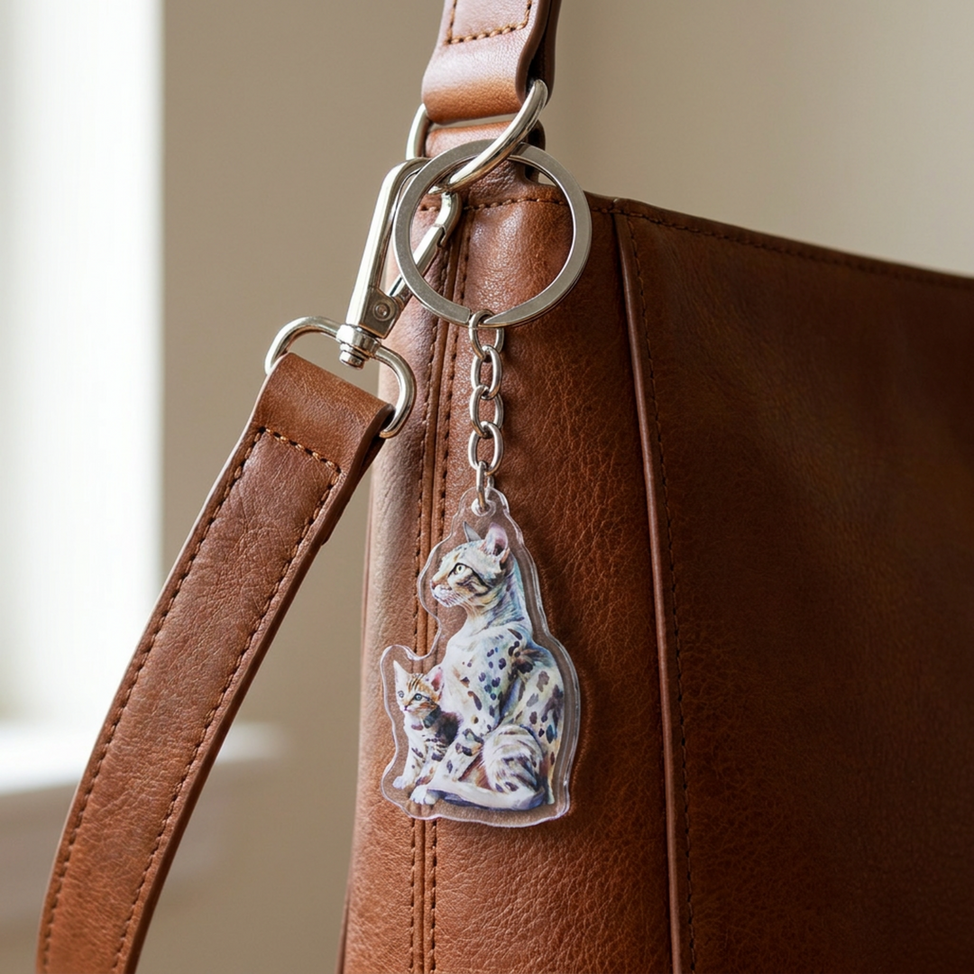 Spotted Egyptian Mau cat and kitten acrylic keychain clipped to a leather bag strap