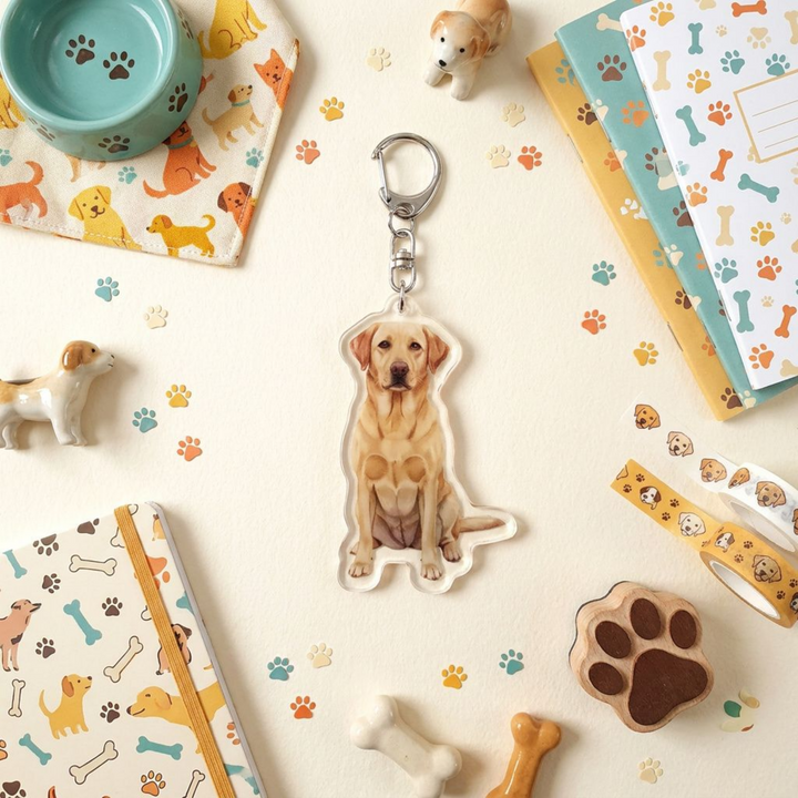Yellow Labrador Retriever acrylic keychain in a styled flat-lay with matching dog-themed stationery and accessories