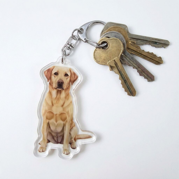 Yellow Labrador Retriever acrylic keychain attached to a keyring with house keys