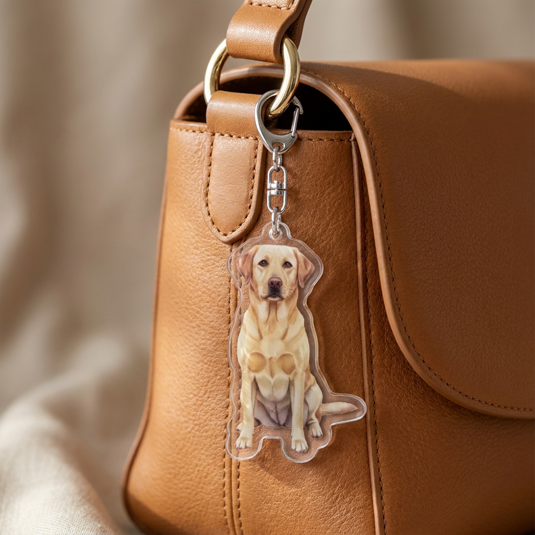 Yellow Labrador Retriever acrylic keychain clipped to a leather bag strap