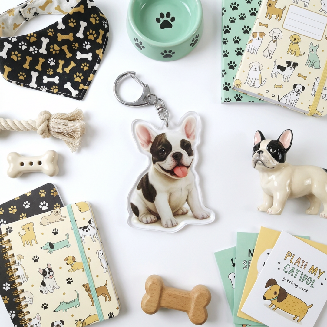 Brindle and white French Bulldog acrylic keychain in a styled flat-lay with matching dog-themed stationery and accessories