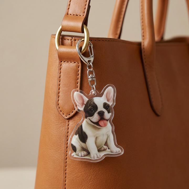 Brindle and white French Bulldog acrylic keychain clipped to a leather bag strap