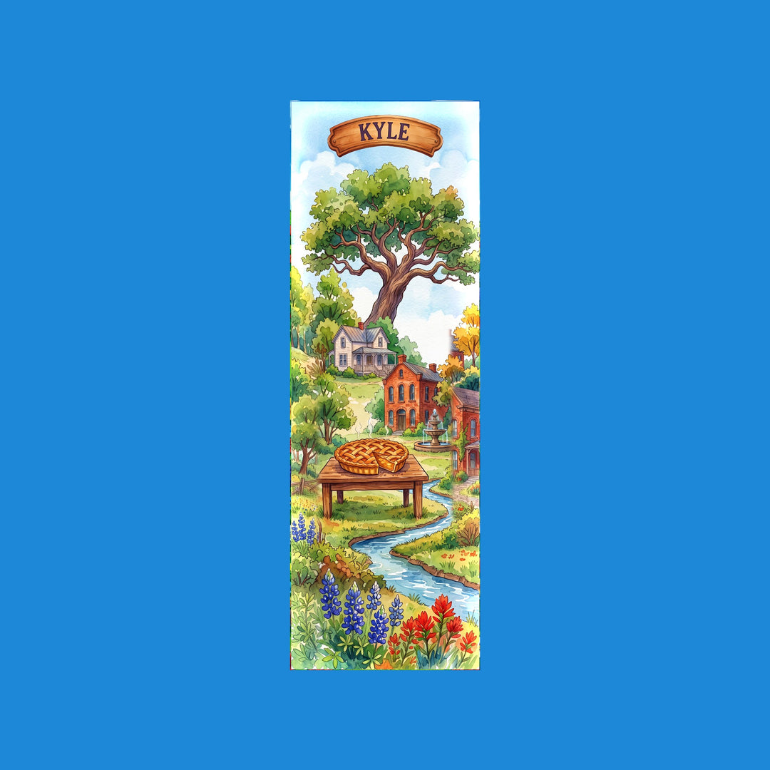 Kyle Texas watercolor 2x6 bookmark with a lattice-top pie under a big live oak, with the historic farmhouse and town hall - Designs by Mysh