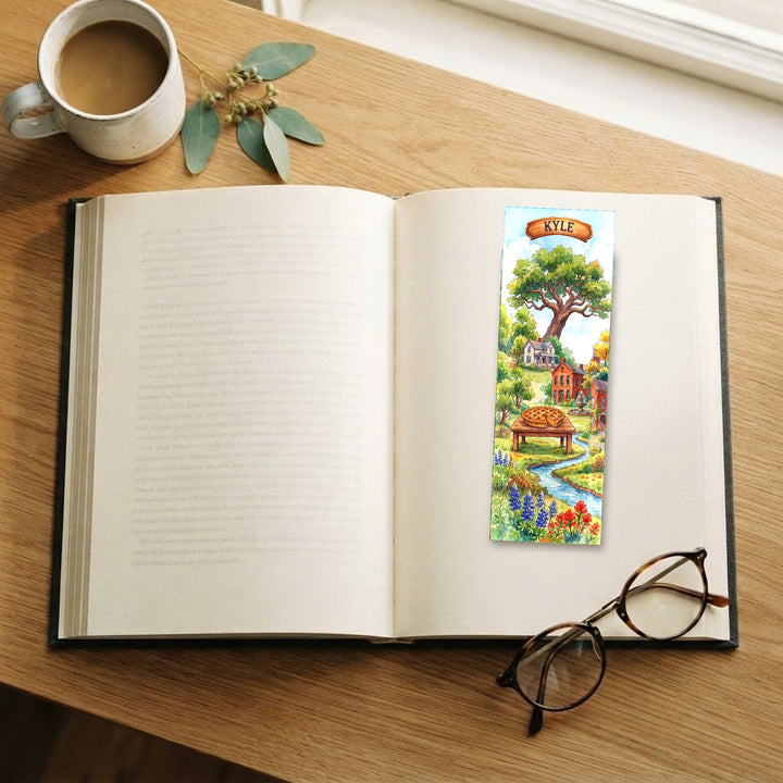 Kyle Texas watercolor traditional bookmark on an open book with coffee and glasses - Designs by Mysh