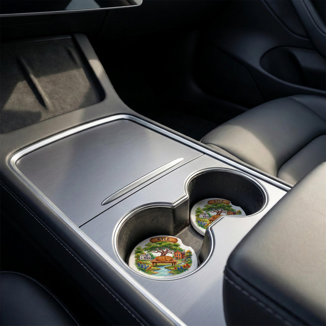 Kyle, Texas car coaster in a vehicle center console cupholder – Designs by Mysh