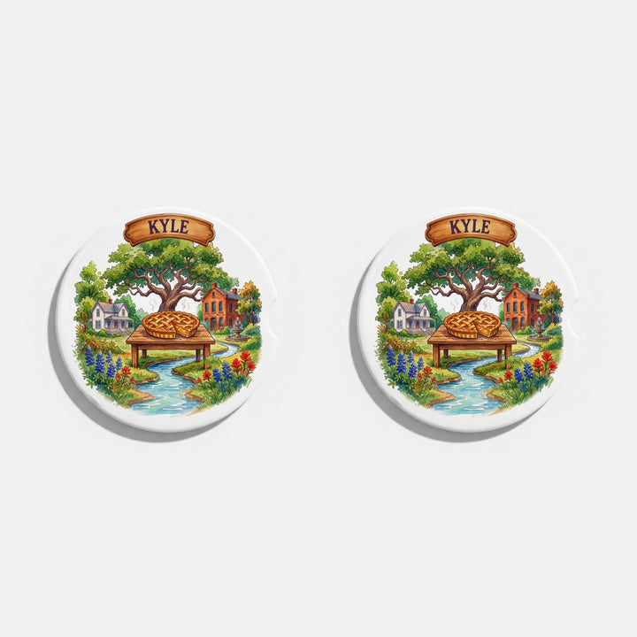 Set of two round ceramic car coasters with a watercolor Kyle, Texas design with bluebonnets – Designs by Mysh