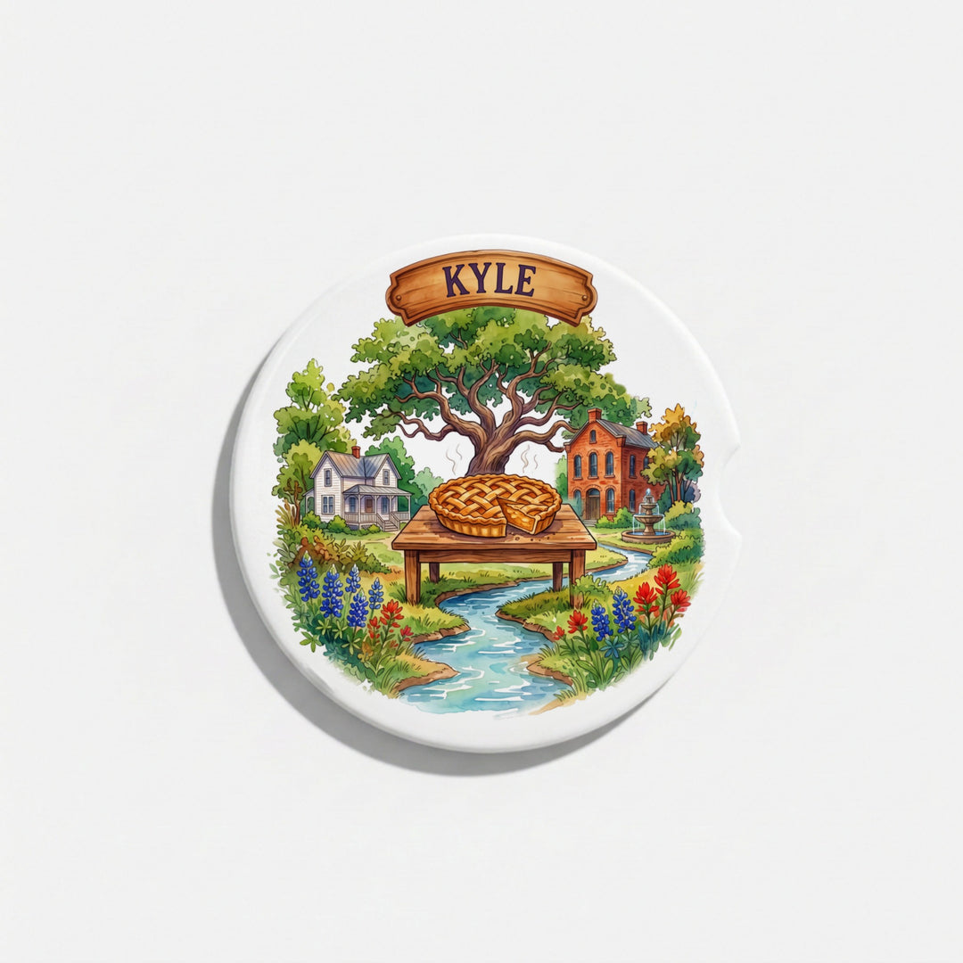 Single round ceramic car coaster with a watercolor Kyle, Texas design, sold individually – Designs by Mysh