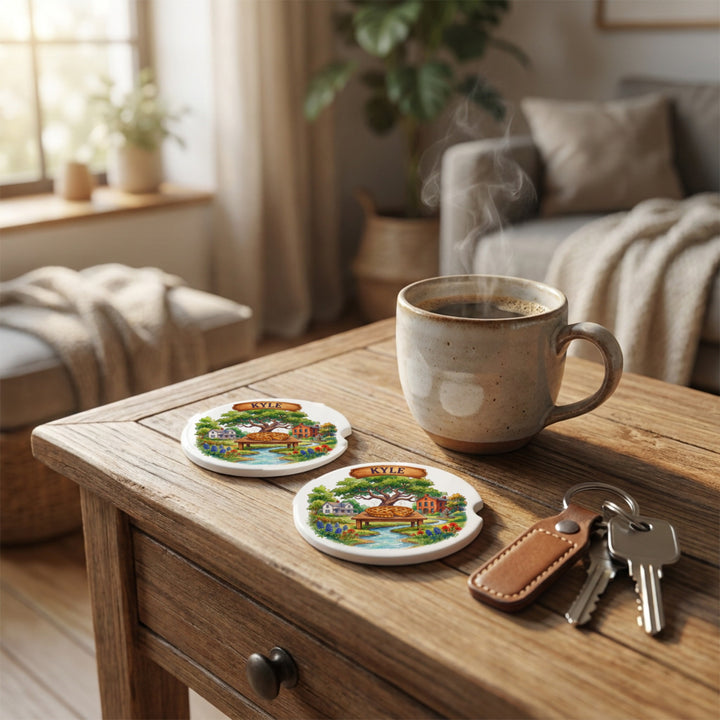 Kyle, Texas car coasters styled on a wooden side table beside a coffee mug and keys – Designs by Mysh