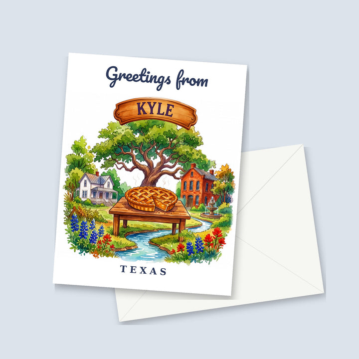 Greetings from Kyle Texas watercolor greeting card with a lattice pie under a live oak, shown with a white envelope