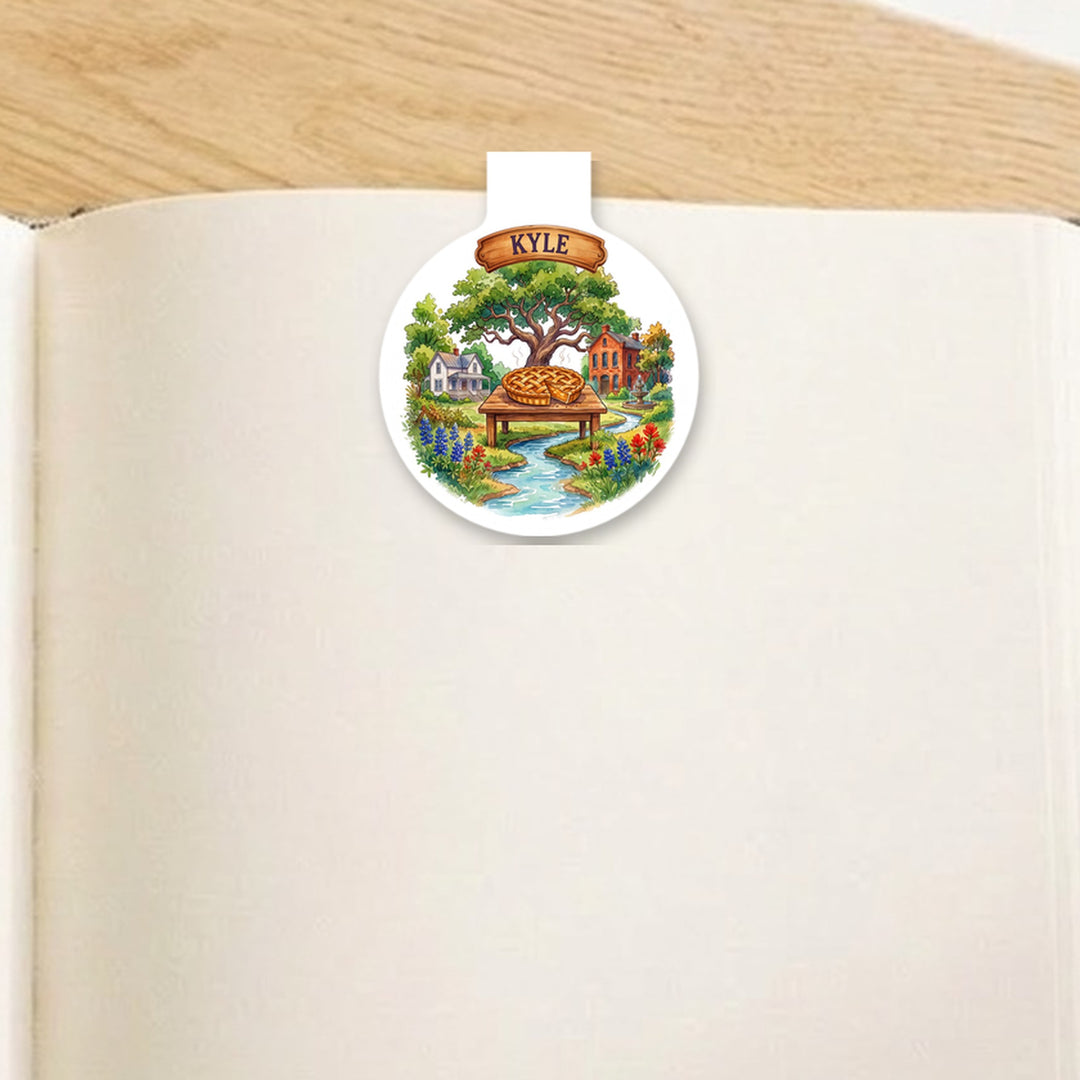 Kyle, Texas watercolor magnetic bookmark clipped on an open book – Designs by Mysh