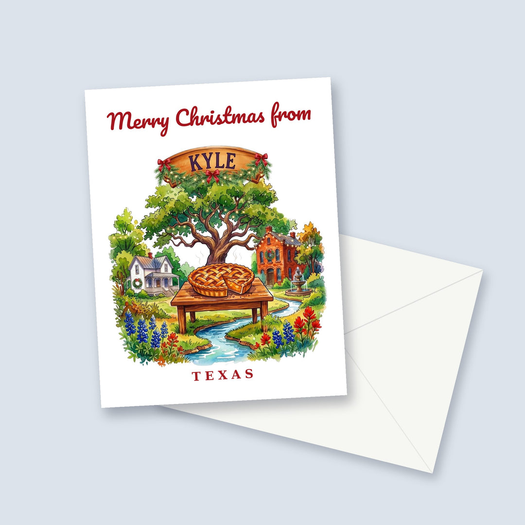 Merry Christmas from Kyle Texas watercolor Christmas card with a pie, a live oak and bluebonnets, a garland-trimmed town sign and a white envelope