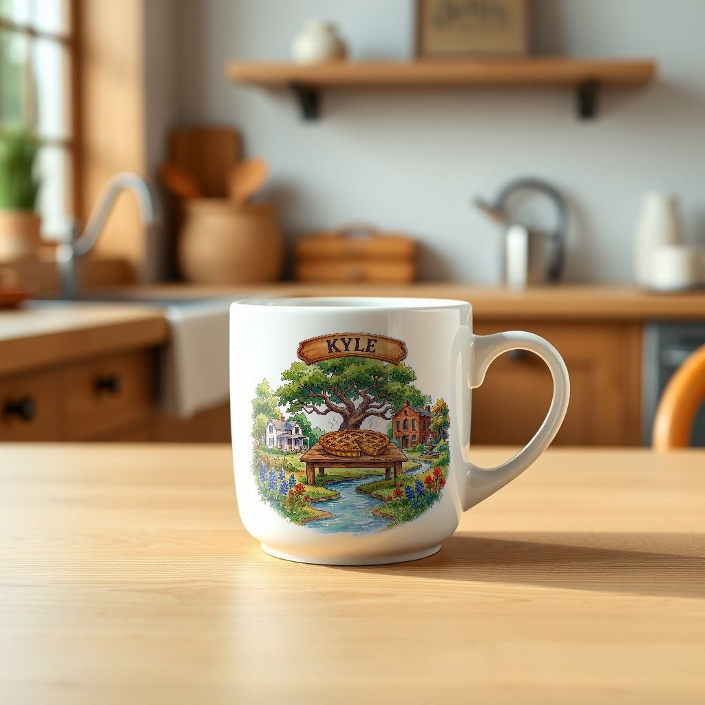 Kyle Texas watercolor mug on a kitchen table - Designs by Mysh