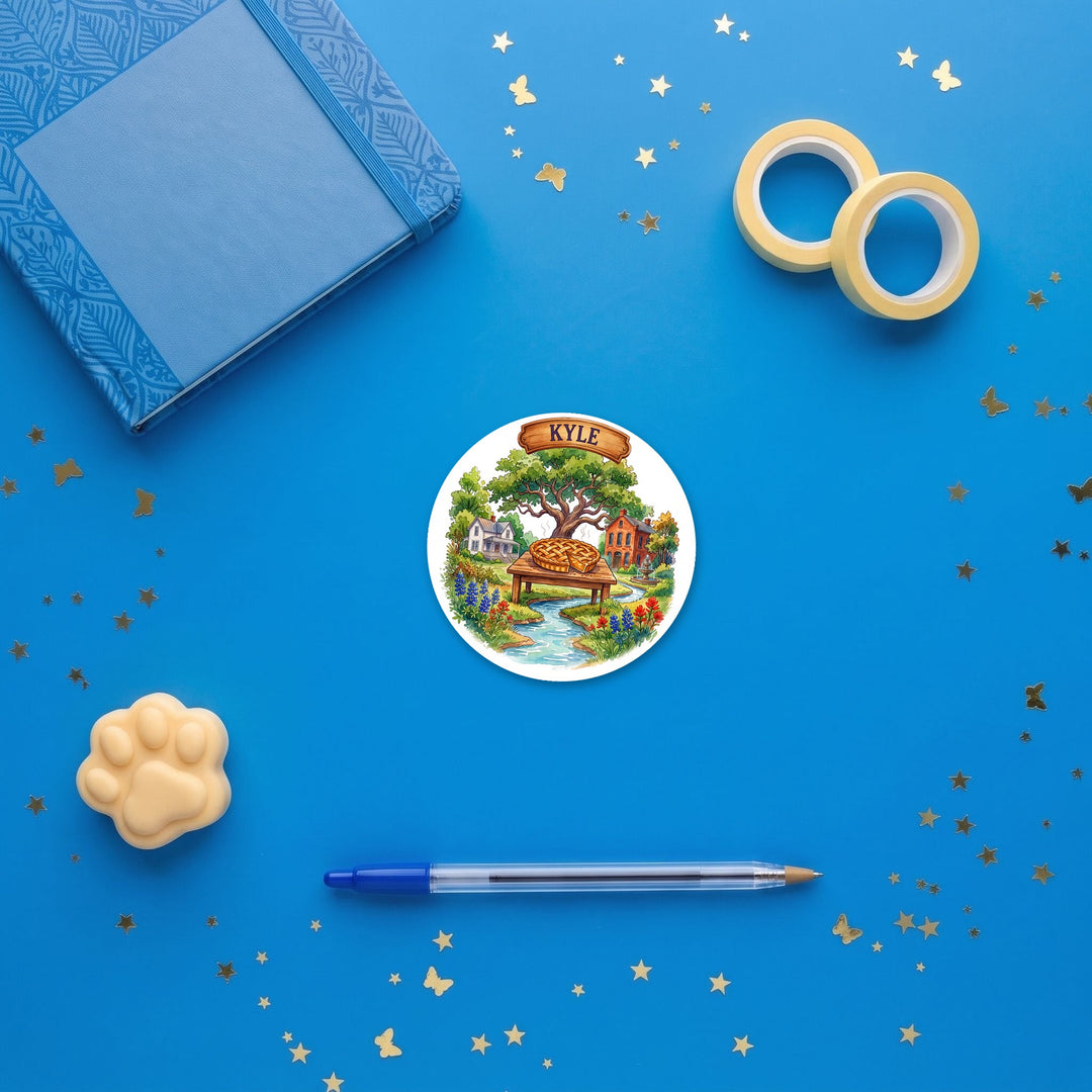 Kyle, Texas 3 inch sticker flat lay with blue and yellow stationery – Designs by Mysh