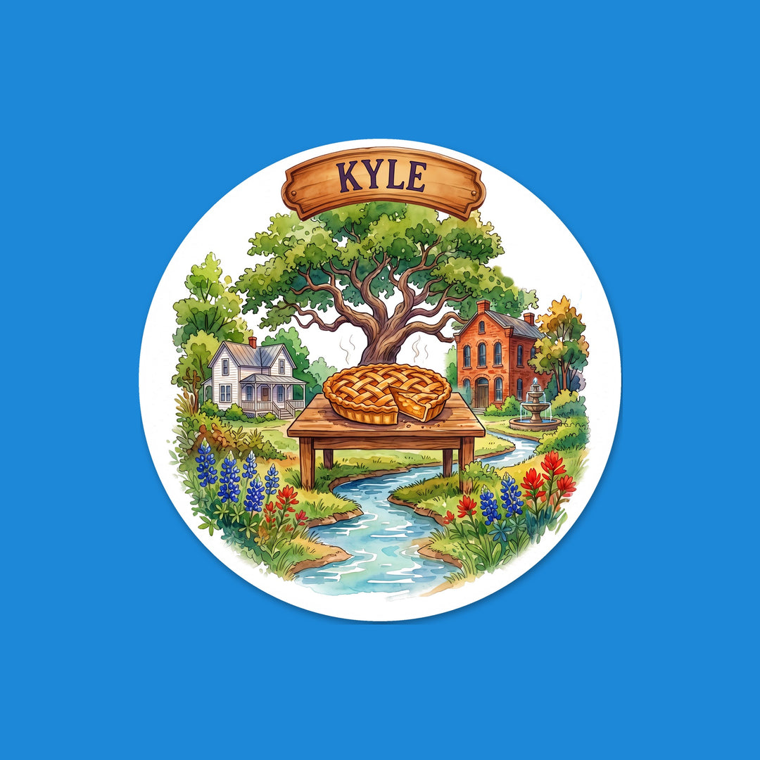 Kyle, Texas watercolor 3 inch round vinyl sticker with bluebonnets – Designs by Mysh