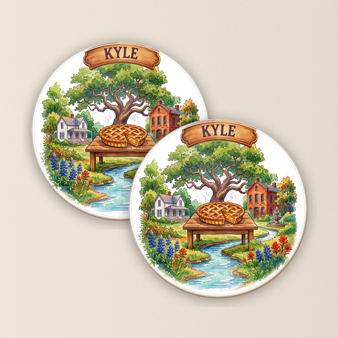 Set of two Kyle, Texas watercolor round coasters – Designs by Mysh