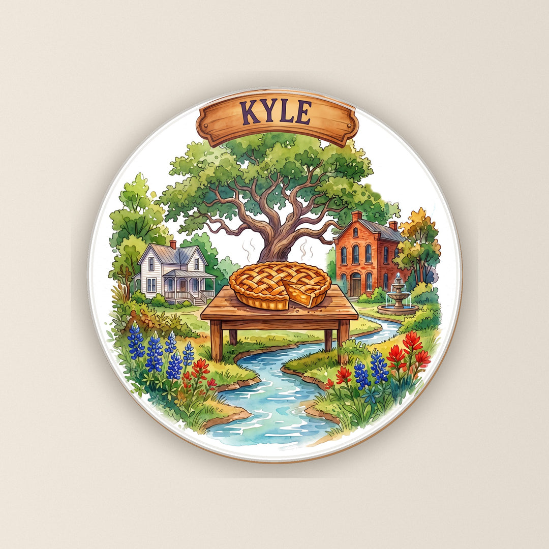Kyle, Texas watercolor round ceramic coaster – Designs by Mysh
