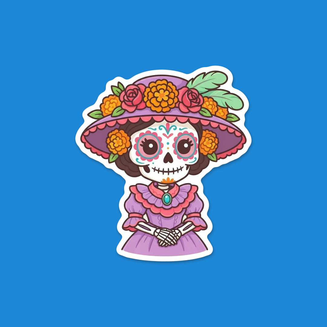Kawaii La Catrina skeleton lady with a flower hat and lavender dress Día de los Muertos vinyl sticker – Designs by Mysh