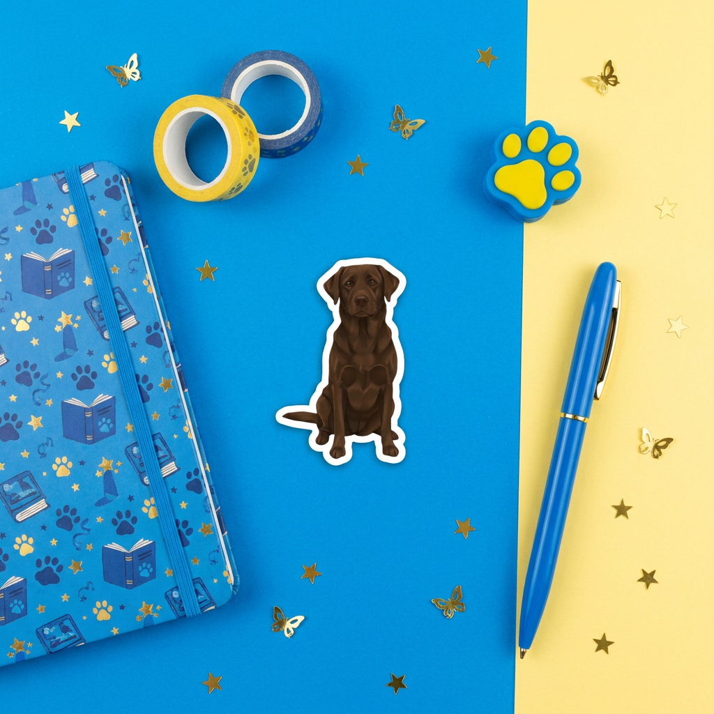 Chocolate Labrador 3 inch sticker flat lay with blue and yellow stationery – Designs by Mysh