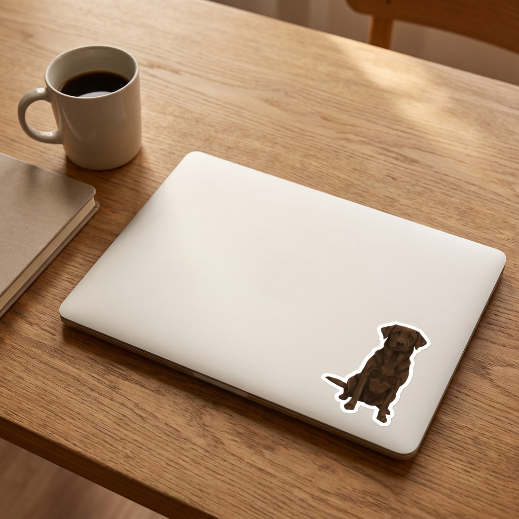 Chocolate Labrador Retriever watercolor vinyl sticker on a laptop lid – Designs by Mysh